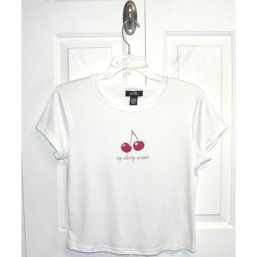 Just Polly Short Sleeve Crew Cropped T-Shirt In White Red "My Cherry Amour" XL